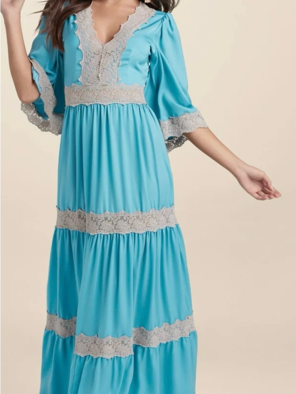 Blue Lace-Trim Maxi Dress - Women